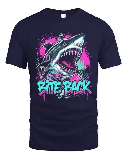 Bite Back Shark Tee with Neon Graffiti Style Artwork - navy t-shirt on white background