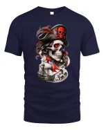 Pirate Skull Captain Tee with Red Sails and Dark Ocean Art - navy t-shirt on white background