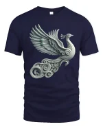 Elegant Silver Peacock Tee with Artistic Winged Bird Design - navy t-shirt on white background