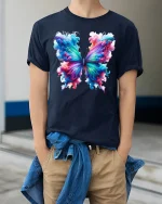 Vibrant Rainbow Butterfly Art Tee with Colorful Ink Splash - model wearing navy tee with hands in pockets