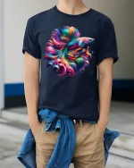 Vibrant Betta Fish Art Tee with Colorful Flowing Fins - model wearing navy tee with hands in pockets