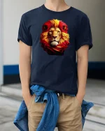 Majestic Fiery Lion Tee with Bold Red and Gold Mane Art - model wearing navy tee with hands in pockets
