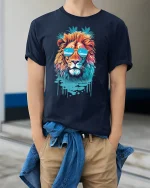 Cool Summer Lion Tee with Sunglasses and Tropical Vibes - model wearing navy tee with hands in pockets