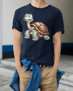 Cute Happy Turtle Tee with Cartoon Style for Animal Lovers - model wearing navy tee with hands in pockets
