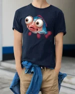 Funny Big Eyed Fish Tee with Cute Cartoon Ocean Design - model wearing navy tee with hands in pockets
