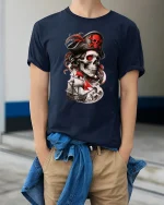 Pirate Skull Captain Tee with Red Sails and Dark Ocean Art - model wearing navy tee with hands in pockets