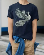 Elegant Silver Peacock Tee with Artistic Winged Bird Design - model wearing navy tee with hands in pockets