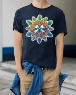 Colorful Mandala Art Tee with Intricate Floral Pattern - model wearing navy tee with hands in pockets