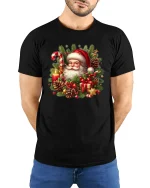 Vintage Santa Christmas Tee with Pine Cones and Gifts - model wearing black tee with hands behind back