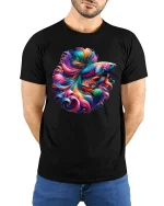 Vibrant Betta Fish Art Tee with Colorful Flowing Fins - model wearing black tee with hands behind back