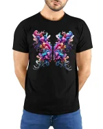 Vibrant Abstract Butterfly Art Tee with Colorful Swirls - model wearing black tee with hands behind back