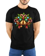 Christmas Bells Holiday Tee with Candy Canes and Holly Art - model wearing black tee with hands behind back