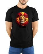 Majestic Fiery Lion Tee with Bold Red and Gold Mane Art - model wearing black tee with hands behind back