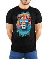 Cool Summer Lion Tee with Sunglasses and Tropical Vibes - model wearing black tee with hands behind back