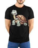 Cute Happy Turtle Tee with Cartoon Style for Animal Lovers - model wearing black tee with hands behind back