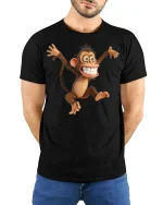 Funny Crazy Monkey Tee with Big Smile Cartoon Design - model wearing black tee with hands behind back