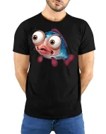 Funny Big Eyed Fish Tee with Cute Cartoon Ocean Design - model wearing black tee with hands behind back