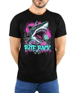 Bite Back Shark Tee with Neon Graffiti Style Artwork - model wearing black tee with hands behind back