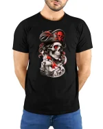 Pirate Skull Captain Tee with Red Sails and Dark Ocean Art - model wearing black tee with hands behind back