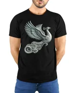 Elegant Silver Peacock Tee with Artistic Winged Bird Design - model wearing black tee with hands behind back