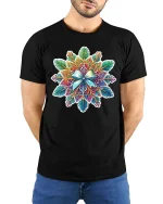 Colorful Mandala Art Tee with Intricate Floral Pattern - model wearing black tee with hands behind back