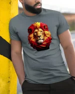 Majestic Fiery Lion Tee with Bold Red and Gold Mane Art - model wearing grey tee, leaning on column