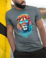 Cool Summer Lion Tee with Sunglasses and Tropical Vibes - model wearing grey tee, leaning on column