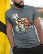 Cute Happy Turtle Tee with Cartoon Style for Animal Lovers - model wearing grey tee, leaning on column