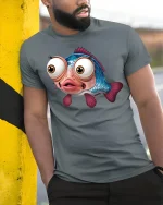 Funny Big Eyed Fish Tee with Cute Cartoon Ocean Design - model wearing grey tee, leaning on column