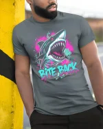 Bite Back Shark Tee with Neon Graffiti Style Artwork - model wearing grey tee, leaning on column