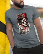 Pirate Skull Captain Tee with Red Sails and Dark Ocean Art - model wearing grey tee, leaning on column