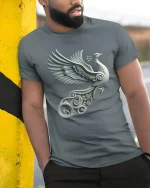 Elegant Silver Peacock Tee with Artistic Winged Bird Design - model wearing grey tee, leaning on column