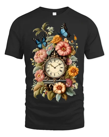 Vintage Floral Clock Butterfly Art Tee for Timeless Style - black t-shirt on white background