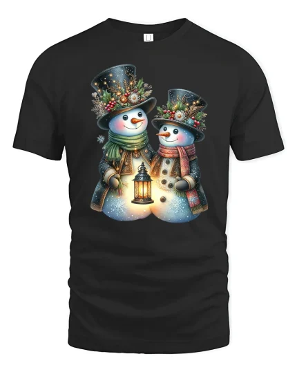 Snowman Couple Lantern Glow Tee with Festive Winter Design - black t-shirt on white background