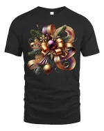 Elegant Christmas Bow Tee with Gold Ribbon Ornament Art - black t-shirt on white background