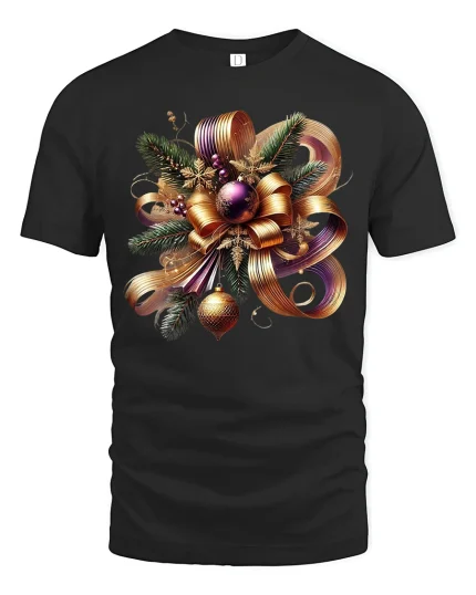 Elegant Christmas Bow Tee with Gold Ribbon Ornament Art - black t-shirt on white background