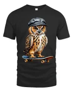 Skateboarding Owl Tee with Cool Cap and Street Style Art - black t-shirt on white background