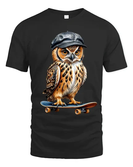 Skateboarding Owl Tee with Cool Cap and Street Style Art - black t-shirt on white background