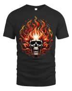 Flaming Skull Tee with Fierce Fire Artwork for Bold Style - black t-shirt on white background