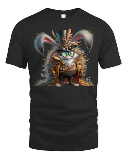 Steampunk Bunny Adventurer Tee with Fantasy Gear Art - black t-shirt on white background