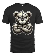 Angry Tough Teddy Bear Tee with Bold Cartoon Stitch Art - black t-shirt on white background