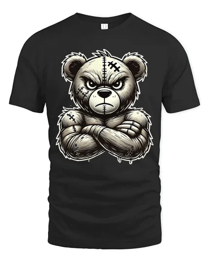 Angry Tough Teddy Bear Tee with Bold Cartoon Stitch Art - black t-shirt on white background