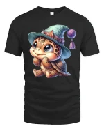 Cute Baby Turtle Tee with Magical Hat Cartoon Artwork - black t-shirt on white background