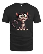 Funny Scared Cat Tee with Big Eyes Cartoon Artwork - black t-shirt on white background
