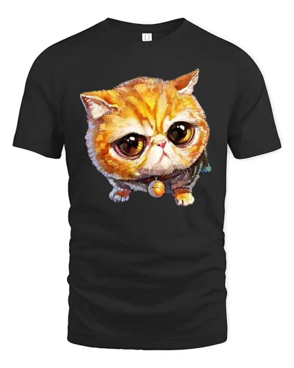Cute Big Eyed Cat Tee in Adorable Cartoon Art Style - black t-shirt on white background