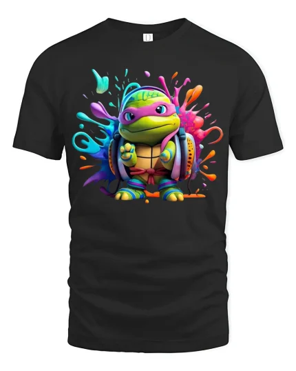 Color Splash Turtle Warrior Tee in Vibrant Cartoon Style - black t-shirt on white background