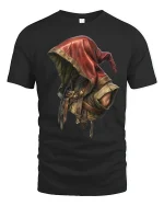 Mysterious Rogue Hooded Warrior Tee with Epic Fantasy Style - black t-shirt on white background