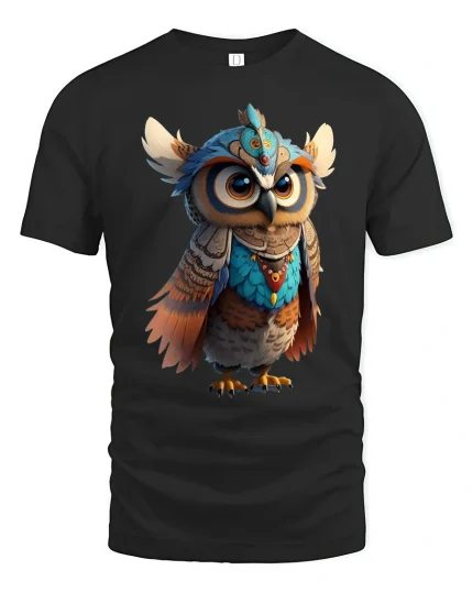 Colorful Tribal Owl Spirit Tee with Cute Fantasy Art Design - black t-shirt on white background