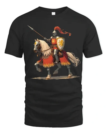 Medieval Knight Rider Tee with Bold Warrior Horse Artwork - black t-shirt on white background