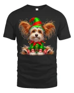 Cute Christmas Elf Dog Tee with Festive Holiday Puppy Art - black t-shirt on white background